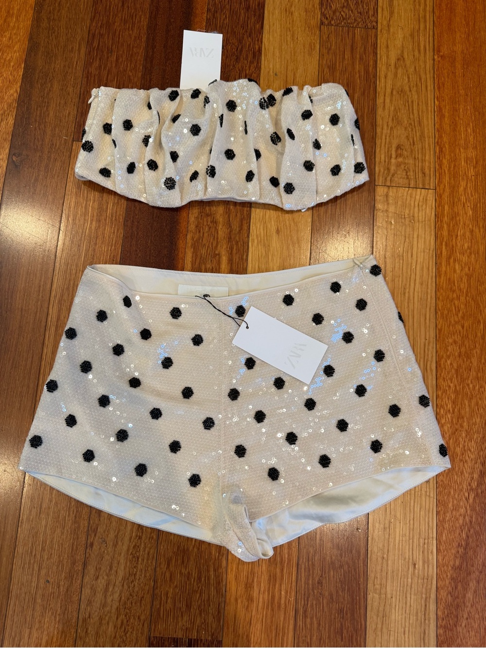 Zara Cream Sequin High-Waist Polka Dot Shorts with Matching Bandeau